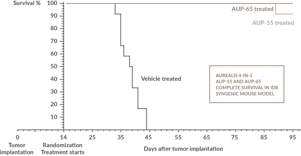Graph of AUP-55 completing survival in ID8 syngenic mouse model